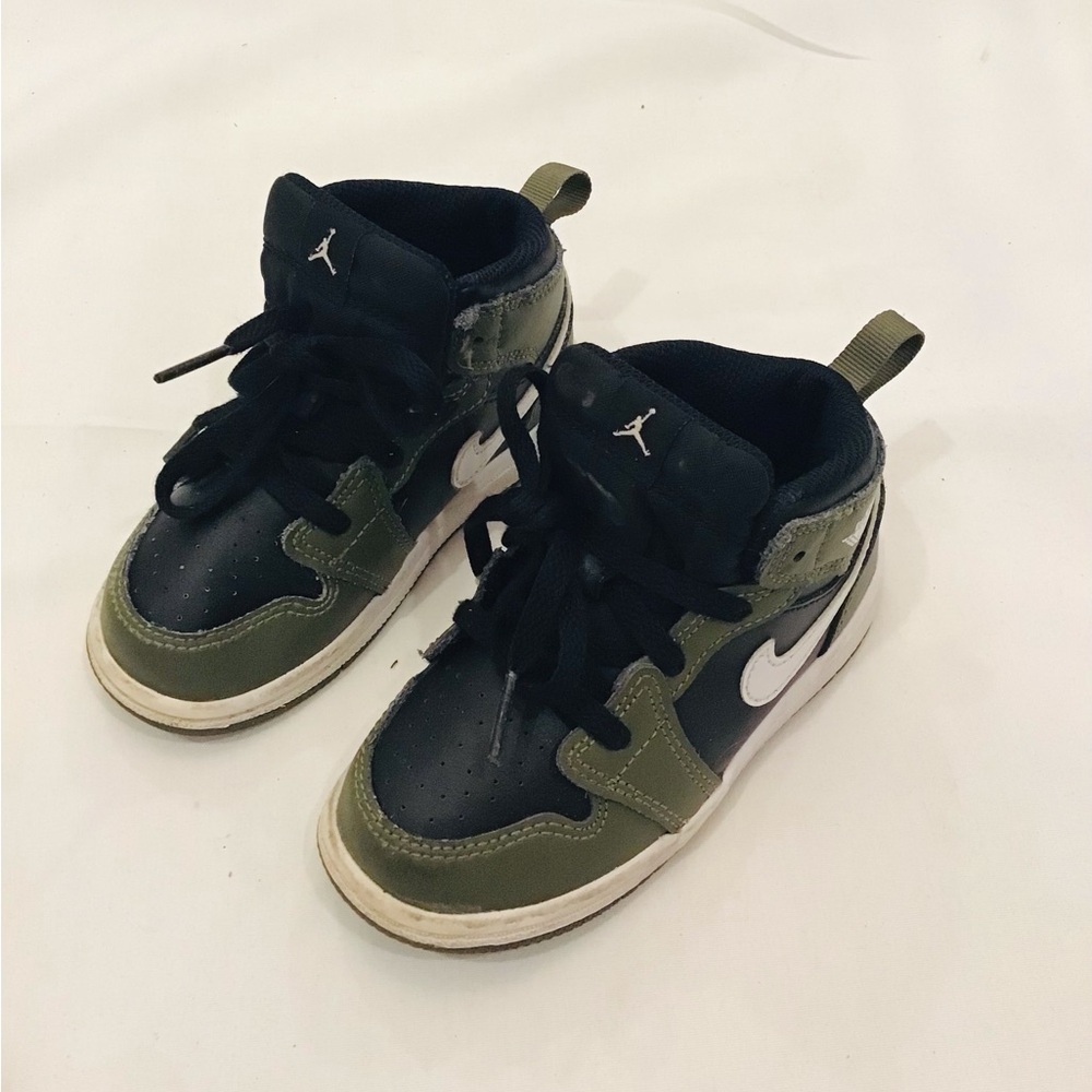 Kids High-Top Sneakers in Black and Olive with White Swoosh